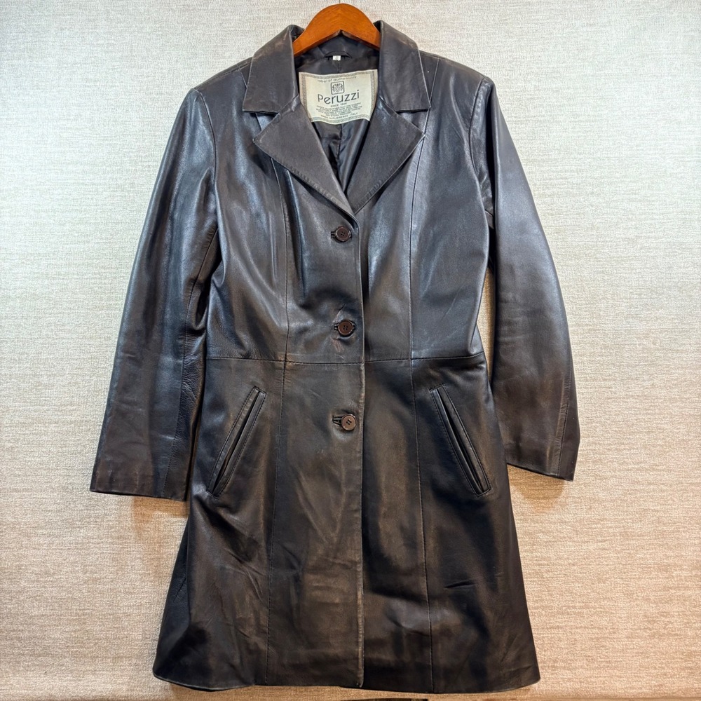 Peruzzi Black Italian Leather Trench Coat Mid Length Jacket Hand Made in Italy L